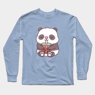 Cute Chubby Panda Bear Drinking Bubble Tea Long Sleeve T-Shirt